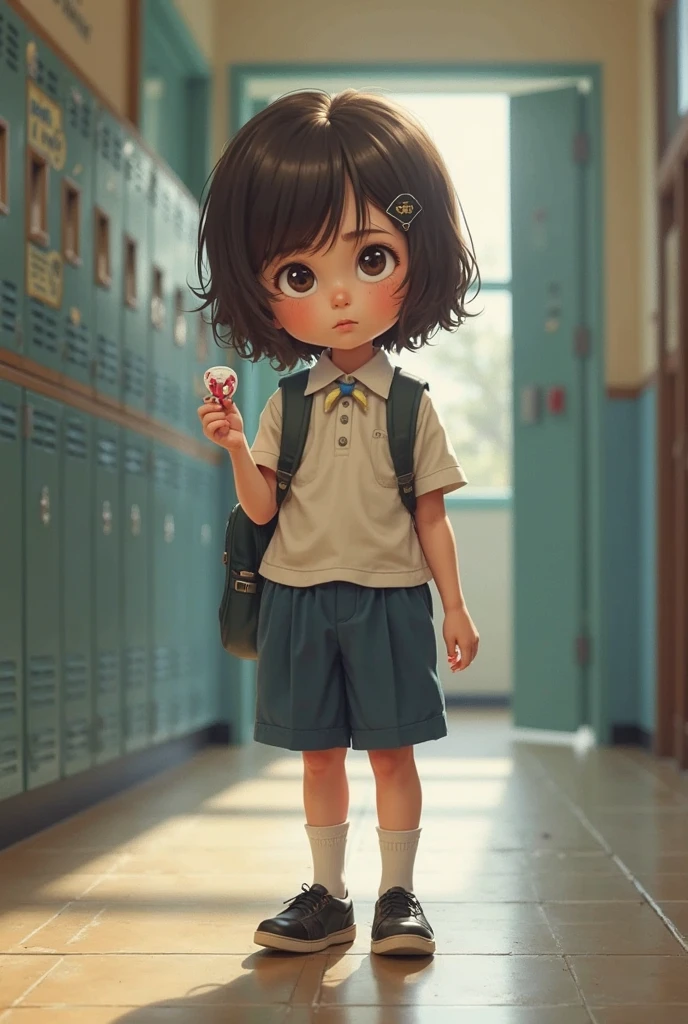 a (solo small short:1.5) cute young girl is carrying randoseru backpack and wearing navy buruma and gym uniform with colored hem and sitting on top of desk in classroom with blackboard, knees bent, hands on pussy