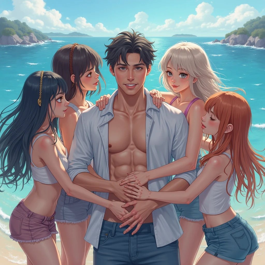 1 boy carrying 1 girl on back, girl wearing bikini, boy pained expression, swimsuits, detailed faces, beautiful detailed eyes, beautiful detailed lips, extremely detailed eyes and face, long eyelashes, high quality, 8k, photorealistic, masterpiece, studio lighting, vivid colors, warm lighting