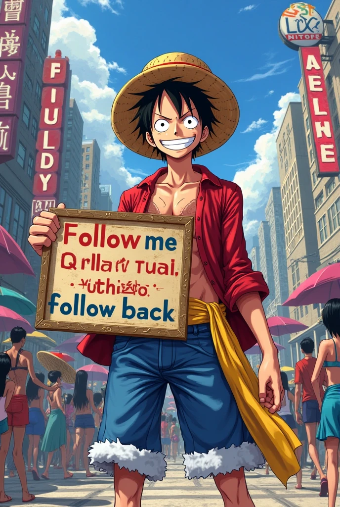 Create an image of Luffy holding a board between his hand written follow me