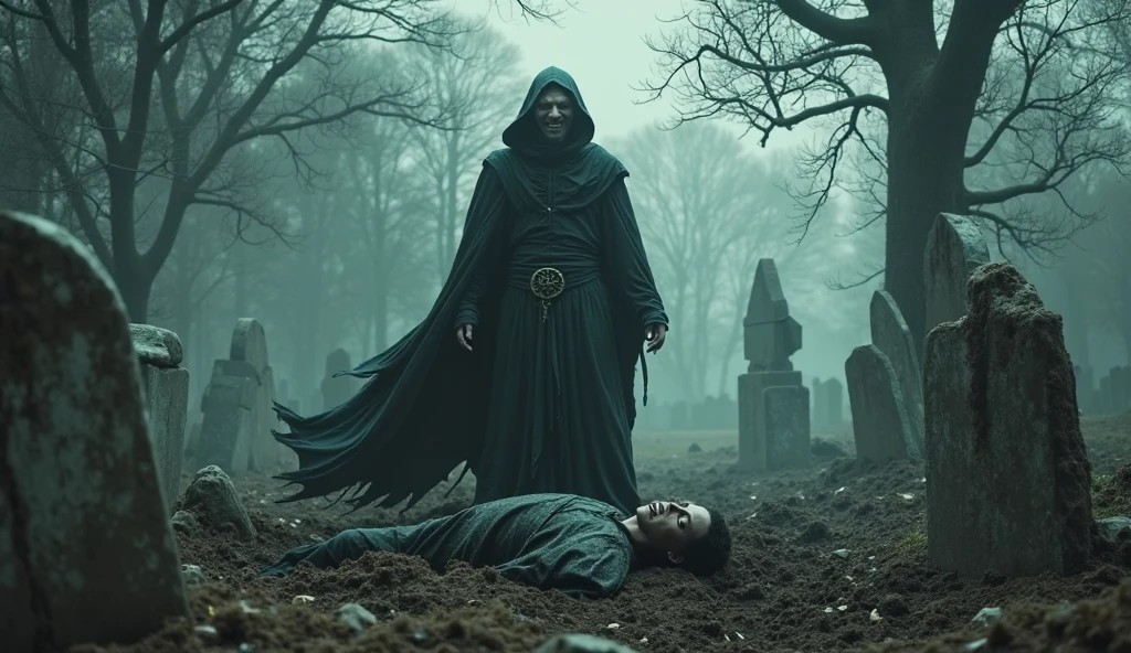 A silent, desolate field, with Caim standing over Abel’s lifeless body. The earth beneath them is stained with blood, and Caim’s face is a mixture of horror, regret, and anger. The sky is dark, with only a few rays of light breaking through the clouds, casting an eerie glow over the scene. The air is still, as if the world itself is holding its breath in response to the first ??????