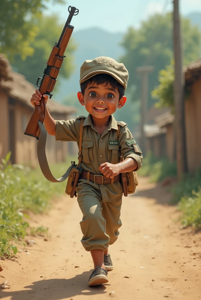 Cute brown baby wearing khaki army camouflage uniform in full body realistic style fashion show
