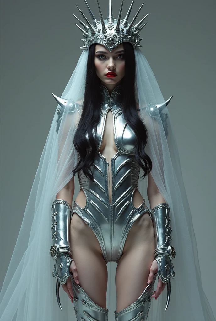 Uma linda elfa ultra realista do mundo real, pele humana real trincada, white hair like a veil, Amazing image, mythological style, cabelo grande de cor branco, corpo lindo, peitos grandes e volumosos, olhos brancos brilhantes, wearing ultra-futuristic cyber armor. Fotografia ultra realista e detalhada, abandoned train station, trilho de trem abandonado
