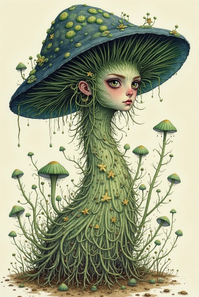 Full body shot, No background, white backgrounid, Mushrooms on the head, Green body color, Man's