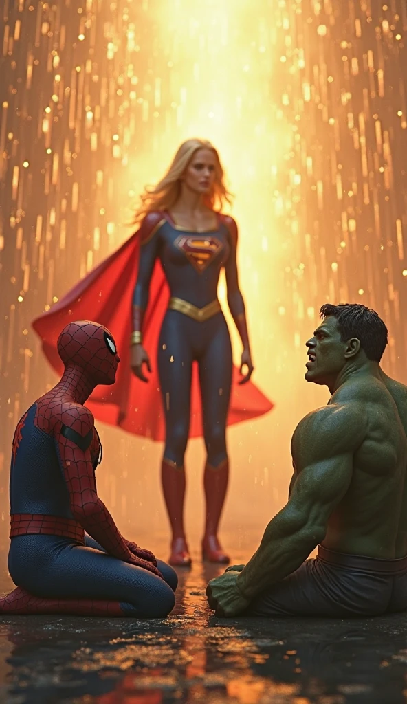 Epilogue: A New Beginning
Prompt: "Superman and the Hulk sharing a respectful handshake in the now-empty boxing arena. The scene shows them both, tired but content, surrounded by remnants of the fight. The arena is quieter, with a few scattered fans, signifying a moment of mutual respect and the eThe Final Blow
Prompt: "Supergirl lands the decisive punch, sending Captain Marvel to the mat. Captain Marvel is mid-fall, while Supergirl stands triumphantly in the ring. The crowd is cheering wildly, and the ring is filled with dramatic energy effects from the final blow."nd of an epic rivalry."