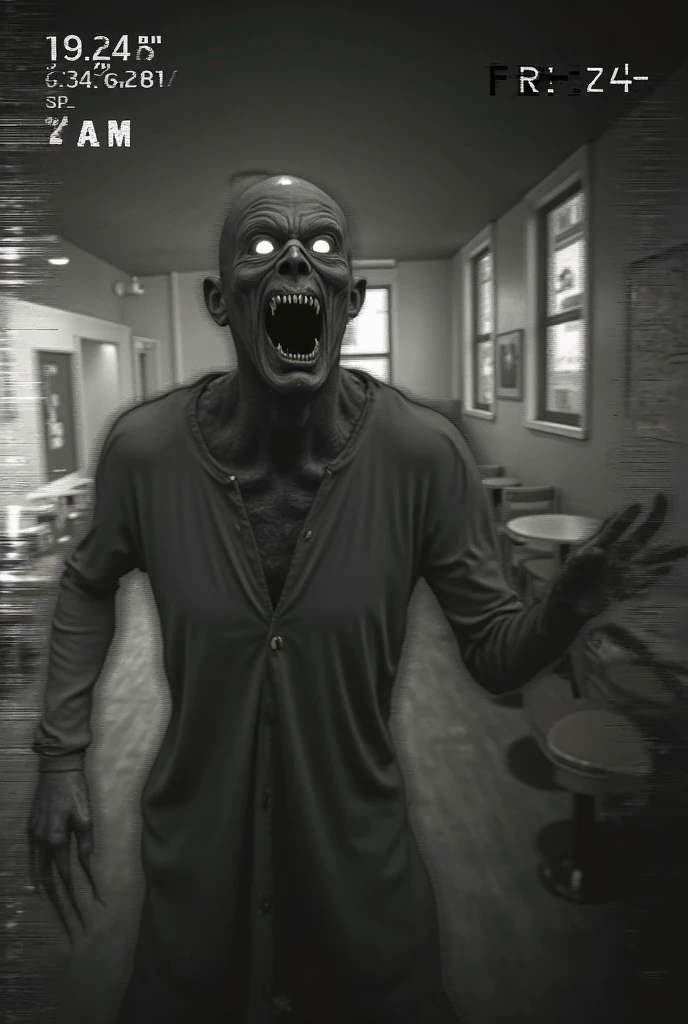 A single Zombie James Watson man black olo shirt in the dark room glowing eyes black and white image