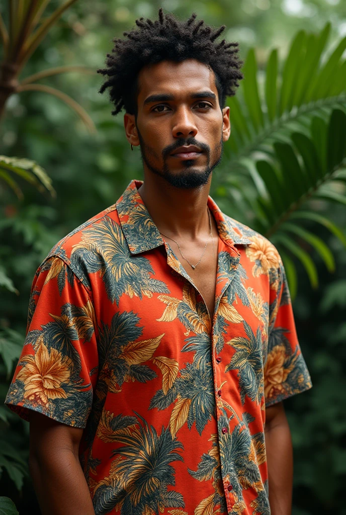 A Brazilian man in a lush tropical garden, wearing an open shirt with a floral print, with a close-up capturing the harmonious beauty between her breasts and the natural flowers, showing off your natural charm and outgoing personality.