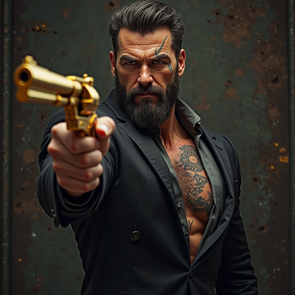 A muscular athletic man in a black leather suit with medium hair and a short beard is shooting a gun at a fat woman with large breasts in a black leather suit.
City on fire.
At night .