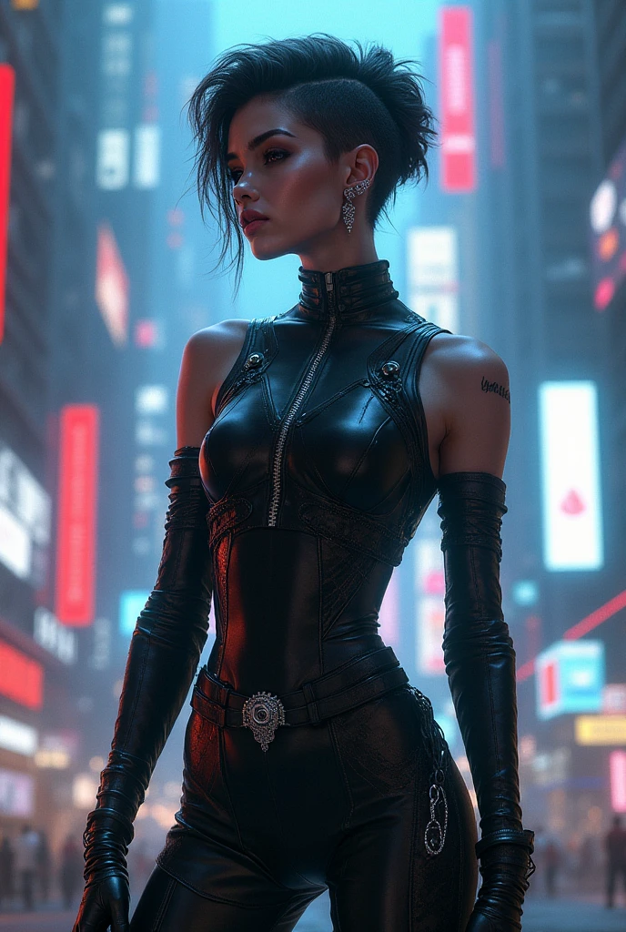 Close-up, a beautiful French woman, tattered clothes, wild long hair, tattered clothes , cleaveage, action movie scene, Dystopian Dinner Cinematic Blade Runner, natta, busy with neon signs, blade runner aesthetics,  film cinematography, gangue trash, attractive person, High emphasis on detail, wearing weather technology equipment, gangue trash, full of life, gangue trash, action movie shot by Kon Satoshi, style semi impasto, dark ink, Atmospheric, Ablaze, lighting dramatic, Beautiful  eyes, symmetric eyes, perfects eyes. Matrix style, (((Matrix cascading code))), (((a futuristic twin tower skyscraper with a unique twisted design))), (((OLED GUI interfaces in the building))), at night, (((((((1girl, alone, solo))))))), photo realistic, (((((((large-breast:1.2 slim body, cleavage:1.4))))))), (((((off broken mini sling-shirt and black sling bra, extreamly short pleated miniskirt exposing panty))))), (((((running pose))))), (((((((matrix style black micro sunglasses))))))), ((((((((((aiming with a short gun)))))))))), (((((looking at camera))))), (((very low view))), (((((half-body thigh level medium shot))))), (((cinematic lighting))).