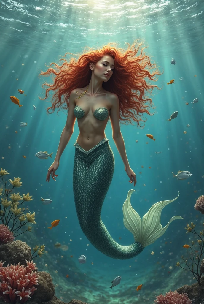 Amber Hearn, the gorgeous red-haired mermaid  Float gracefully through the turbulent waves of the ocean.  Long, flowing tresses flowed over her shoulders.  It contrasts beautifully with the deep blue of the sea.  She wears a scaly tail decorated with iridescent green and blue scales that shimmer in the sunlight.  Mimic the movement of the waves around her.  Her expressive face lifted up.  Her eyes were bright as she seemed to be in contact with the water.  Her power and grace can be felt through her fin-clad body.  Strong, muscular arms emerged from her tail.  Effortlessly propelling her forward as she swam through the choppy waters.  A small island is visible.  with towering cliffs in the distance  The lush greenery provides a stark contrast to the barren sea floor.  The sky above was filled with billowing clouds.  Casting shadows across the waves  It was as if nature was showing off this fascinating creature.