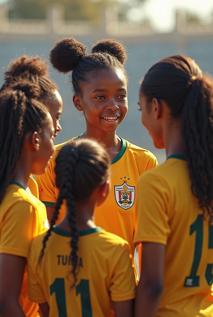 Black eghiopian Students at schools wearing green, yellow and red uniform. They are beautiful, some students are playing football at background.