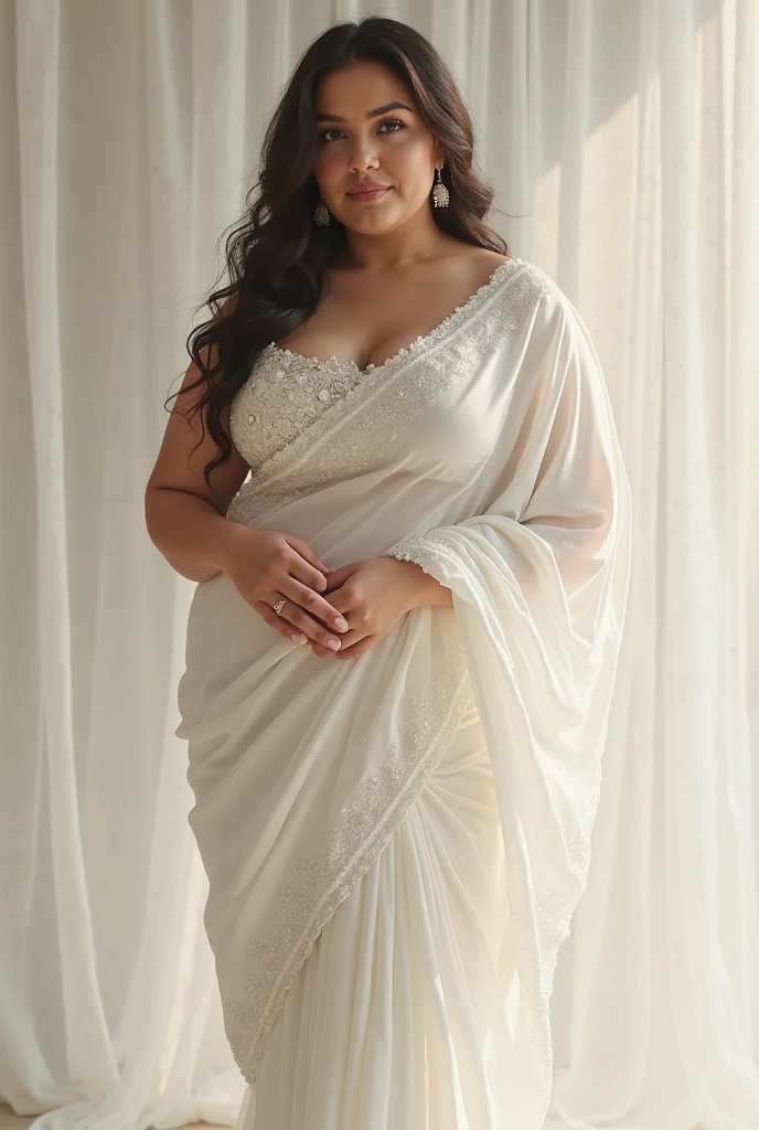 Day scene, A radiant, full-figured South Indian 35 year old aunty a white colour chiffon gown ,standing, in a office captured in a full-body image with vibrant hues and meticulous details. Full body image