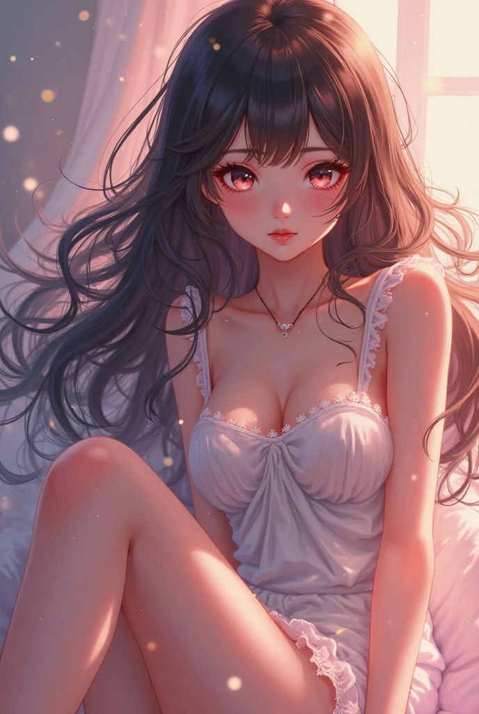 (best quality, ultra-detailed, photorealistic: 1.39), bright and vibrant colors, studio lighting, romantic expression, An effeminate girl, with a delicate and beautiful face. She is a girl who reflects seductive beauty, sparkling eyes, A beautiful adult woman beautiful and voluminous curly black hair, hair clip, crying a seductive 2 woman with big breasts seduces, with her large breasts seduces, long-sleeved lace blouse, short leggings, yoga pants, beautiful smile with a happy expression, wanting attention, with her blue eyes, in a beautiful pose demonstrating her seduction in the park at night, cherry blossom festival lighting, cherry blossom trees, sitting at the foot of the cherry tree, hand in her hair, posing in need of love, night with soft lighting, anime style, like a manwha character