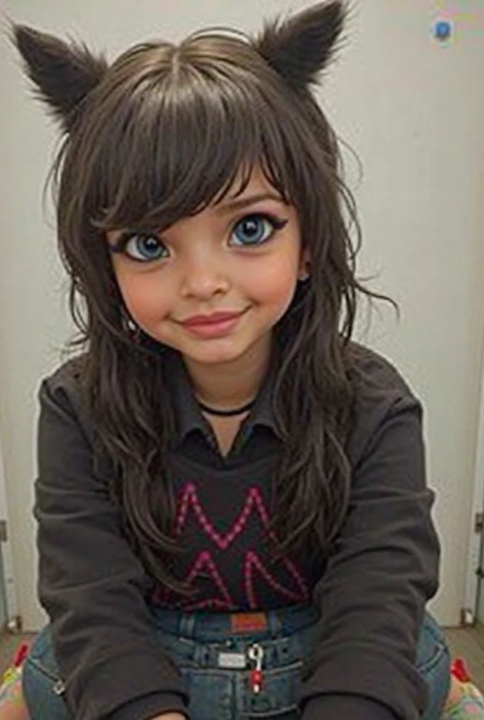 GIRLS CHILDREN, WITH VERY LONG STRAIGHT DARK HAIR, BLACK FUR COAT., PETROLEUM BLUE BACKGROUND.