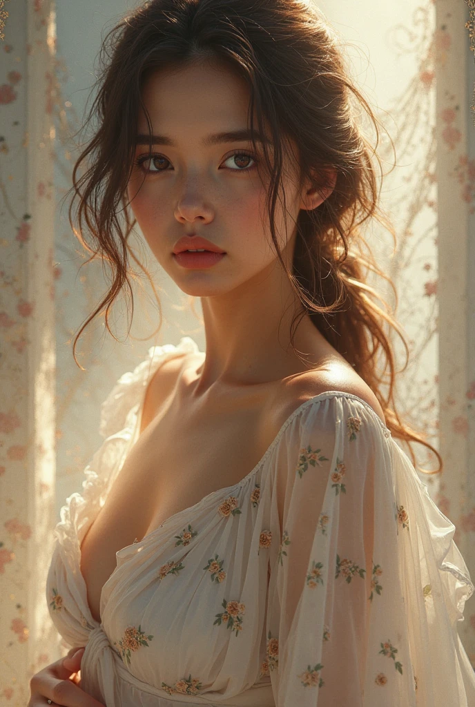 The illustration you provided captures a moment of subtle and delicate beauty, featuring a young woman standing in what appears to be a softly lit indoor setting, possibly a hallway or a room with wooden furnishings. Her appearance is striking and realistic, with a focus on fine details that bring her character to life. She has long, dark hair that cascades over her shoulders and frames her face, appearing slightly damp as if she has just come in from the rain or finished a shower, adding a touch of naturalism and intimacy to the scene. Her skin is smooth and luminous, with a natural blush on her cheeks, enhancing her youthful and fresh appearance. Her facial expression is a mix of contemplation and slight melancholy, with her eyes gazing off to the side, giving a sense of depth and emotion. She wears a beautiful white dress adorned with vibrant pink and blue floral patterns, which adds a splash of color to the composition. The dress is sleeveless with delicate ruffles at the shoulders, enhancing her feminine and delicate look. The fabric of the dress appears light and airy, flowing gently around her, suggesting a sense of movement. Around her neck, she wears a simple, elegant necklace that adds a subtle touch of sophistication to her outfit. The light in the room is soft and diffused, casting a gentle glow on her skin and highlighting the textures and patterns of her dress. The background, though slightly blurred, suggests a warm and cozy interior space, with wooden panels and soft, natural lighting that complements the overall serene and introspective mood of the illustration. The attention to detail in her posture, the slight tilt of her head, and the way her hand rests gently on her chest all contribute to a sense of realism and emotional depth, drawing the viewer into her world and evoking a sense of empathy and connection. This illustration beautifully captures a quiet, reflective moment, blending realism with a touch of artistic warmth and emotional resonance