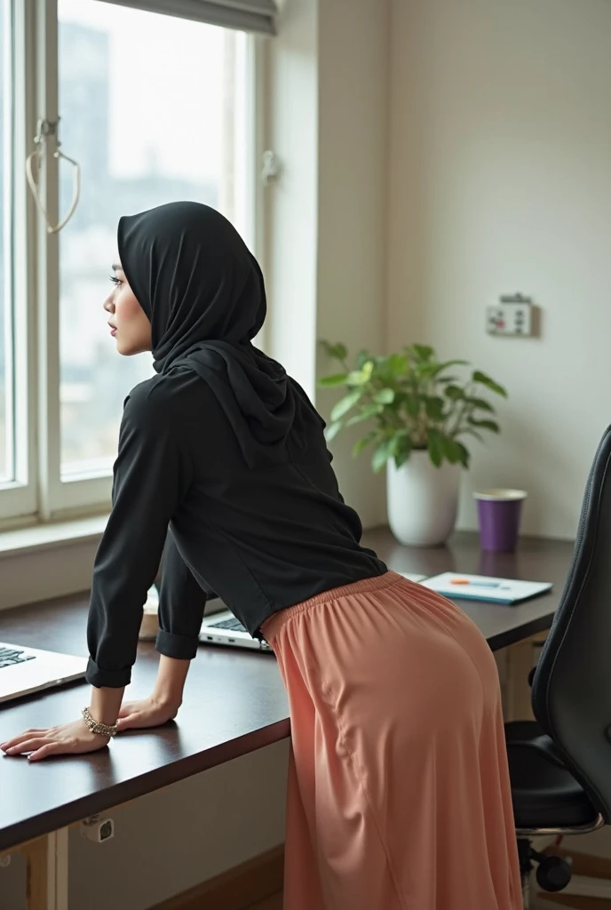 Nude 24 year old teenage malay woman with hijab,wearing pantyhose,office background,arousal expression,closed eyes,a group of men watching,ready to fuck,a man sticking his penis on vagina from behind,bending over