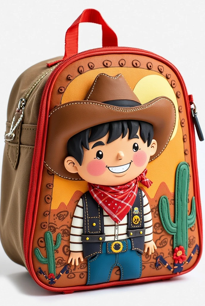 A chubby, 7-year-old Latino boy's face, tanned skin, wearing cowboy clothes, cowboy hat, belt with cowboy buckles and a knife tied around his waist, an orange-haired dog in the background on a farm, ultra-realistic details, 4k