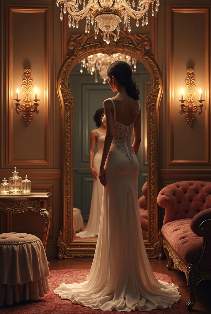Create a deep red living room, black carpets, comfortable dark red armchairs, and several mirrors, enter with a heart to other areas of the premises, Very elegant and romantic wine red dressing rooms, and bases for the woman trying on her wedding dress to get on