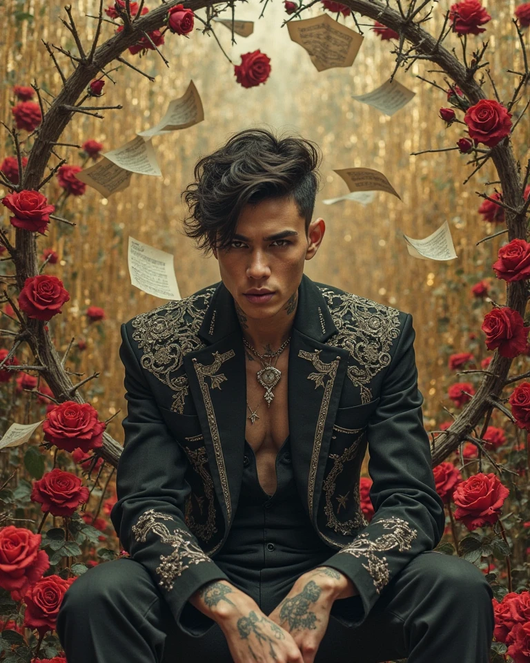 Male, sexy, long black hair, teal blue eyes, young, gothic, delicate features, no facial hair, no body hair, seductive, white and pale. sitting in a chair on a candle-lit veranda overlooking a Russian city at night. Roses. Sexy pose. Purple and black. Sexy. Sexy pose. Seductive. Sensual. Long eyelashes. No facial hair. Pretty face. Thick legs. Sexy pose. Fyodor Dostoevsky books on the table. Man. Male. Cute kitten on his lap. Smirking. No body or facial hair. Young male. Tiny waist. Cute.