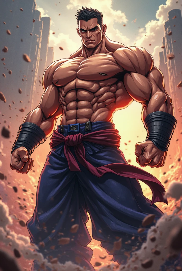Mighty fighter, chest exposed, lower body unclothed from thighs to feet, flowing long curls, detailed muscular physique, photorealistic depiction, 4K resolution. Background: Martial arts dojo,32k uhd, best quality, masterpiece, super detail, high details
