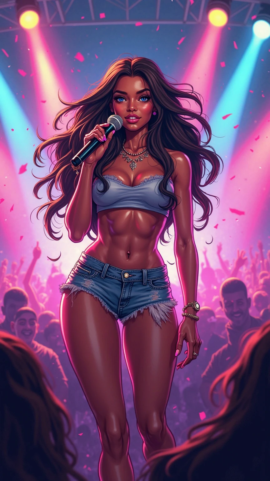 brown-skinned brazilian woman, Anita, wearing short shiny clothes, with jewelry, com fishnet stockings, fishnet socks, shorts jeans curto, Flying hair, and a mischievous, evil smile. She must wear bright red lipstick and hold a microphone.. The setting is a nightclub, with lots of colorful lights. Use detailed lighting to highlight your curves and expression, combining anime and comic book style with the best art quality