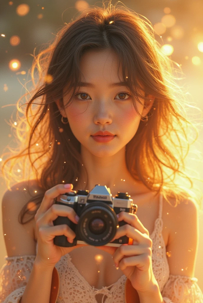 create an image of a lightly golden-haired girl with golden lights in her hair, holding a vlog camera she has Korean features on her face
