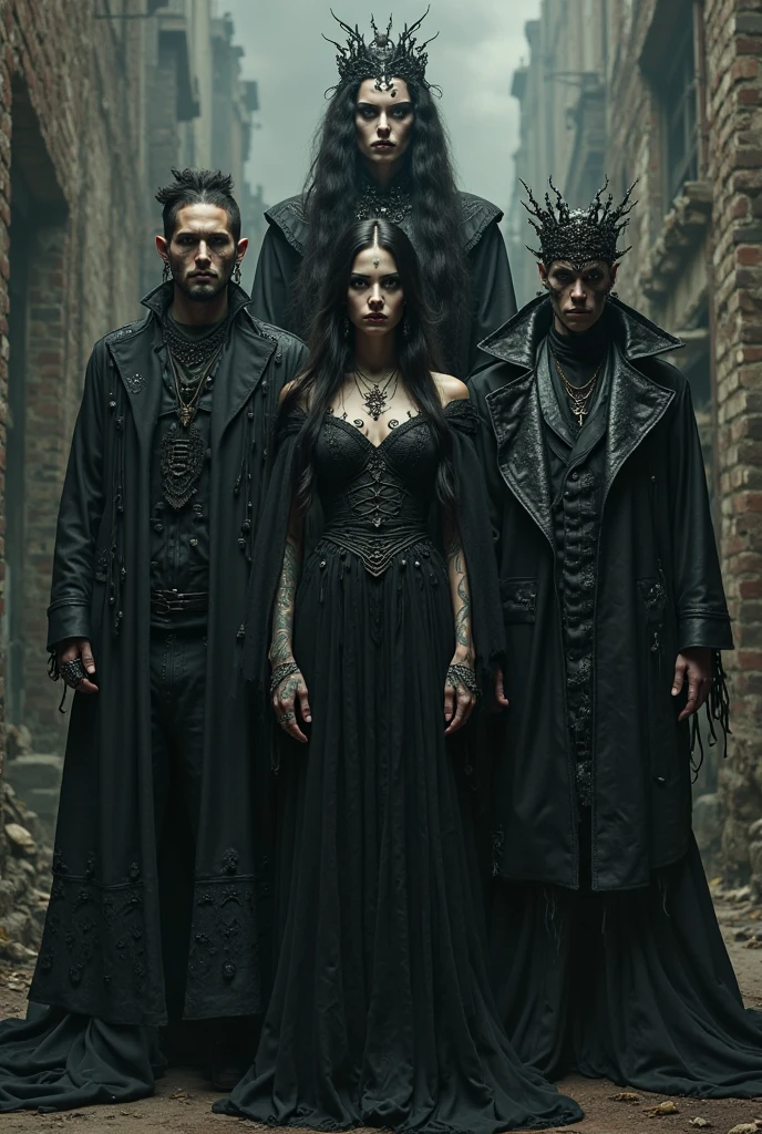 blurred image of three people in costume posing for a photo, goth family, wearing fancy formal clothes, Gothic and futuristic, elegant glamor pose, black leather robes! intrikate, vampre the masquerade, black rococo, gothic horror vibes, black haute couture, FUTURISTIC BLACK, lascivious pose, inspired by Rudolf von Alt, black and white slinky robes!