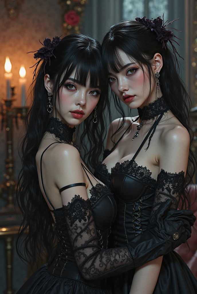 twins mature womans ,character sheet digital art fantasy , Zephyra and Lyrica Nightshade
World: Nocturnia
Powers: Control over shadows (Zephyra) and manipulation of sound waves (Lyrica).
Outfits: Black lace dresses with intricate corsets and flowing capes.