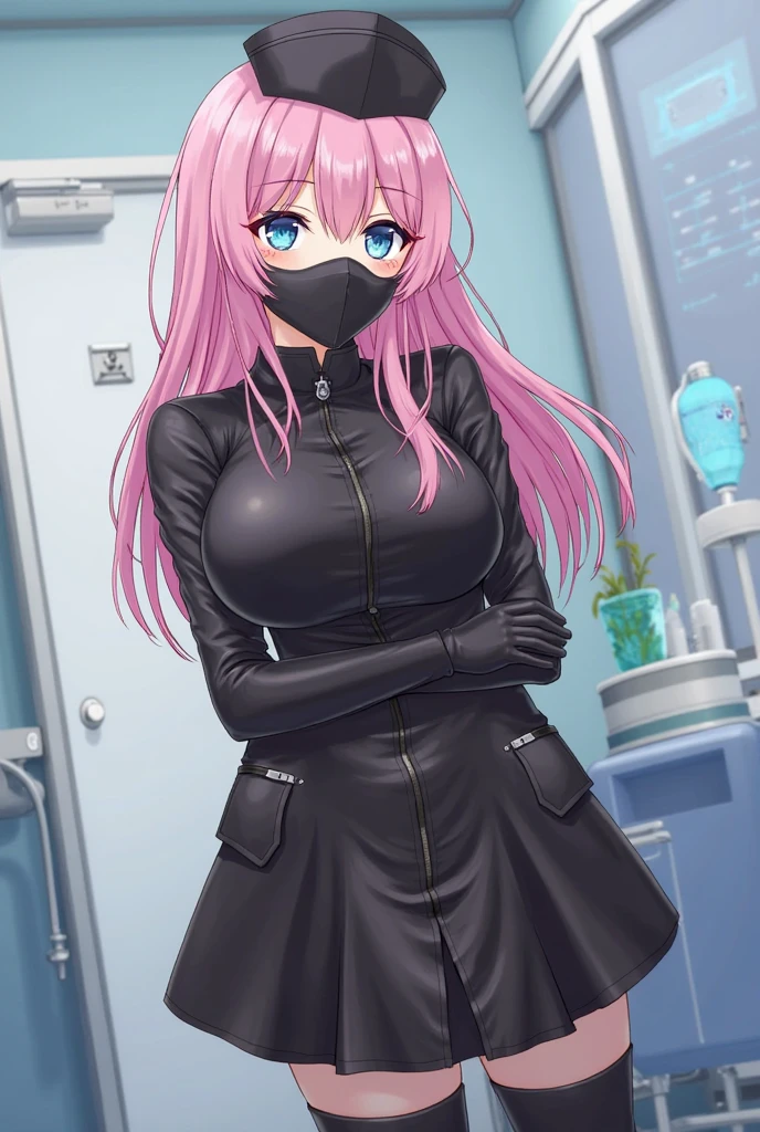 black nurse, 1girl, solo, black nurse cap, black nurse uniform, ((black legwear, zettai ryouiki)), black elbow gloves, pink hair, green eyes, drooping eyes, ((black surgical mask, covered nose)), standing, ((surgery room)), sharp outline, short sleeves, best quality, masterpiece