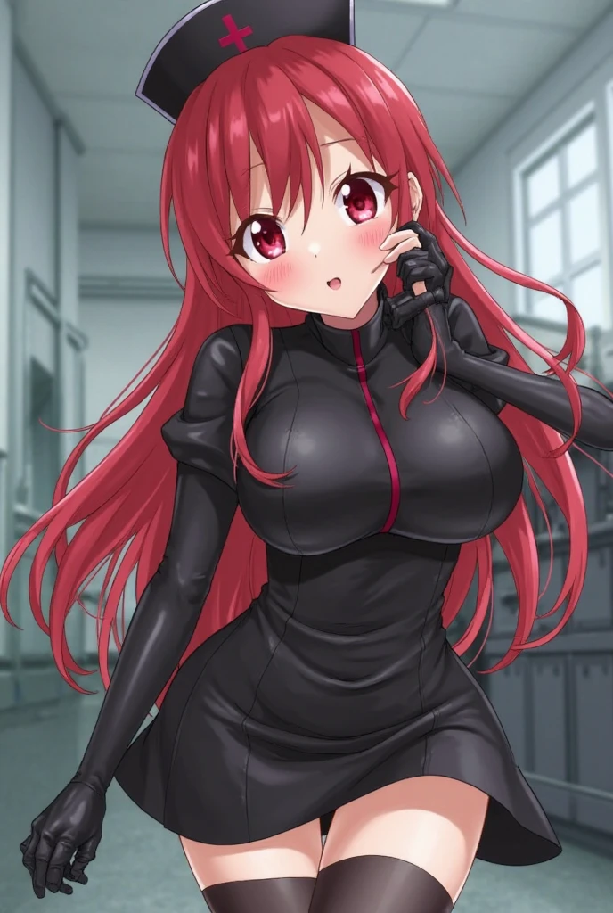 aki1, izayoi aki, solo, cleavage, choker, large breasts, unzipping, open bodysuit, gloves, dating, outdoor, shy
