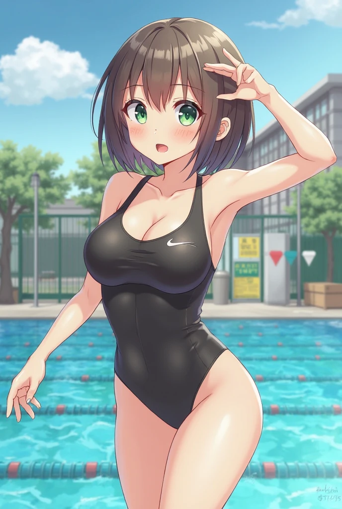 masterpiece, best quality,
1girl, solo, 
school swimsuit, white  one-piece swimsuit, wet, shiny skin,
<lora:chara_Kaguya-samaWaKokurasetai_IinoMiko_v1:0.9> iino miko, (brown eyes:1.2), tsurime, brown hair, long hair, hair over shoulder, twintails, low twintails, blunt bangs,, , large breasts, , taut clothes, , outdoors, poolside,  ,
reaching towards viewer, ,
upper body,
blush, expressionless, parted lips, 
,
  looking at viewer,
  ,
, covered navel,
