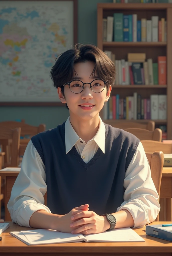 A man sitting in the classroom, Boys, Male classmates, In campus classrooms, this Male classmates is wearing a white T-shirt, Black short hair, Holding a pen in hand, There is a test paper, There are books, The lens is mainly concentrated on the upper part of the fuselage, Lofy art style ((Xinhaicheng), CGStation Popular, Shinkai Makoto H 2160, Inspired by Border Guardians, Shinkai Makoto, plan, Gurwitz style, High-quality images, 4K, 8K, solve,