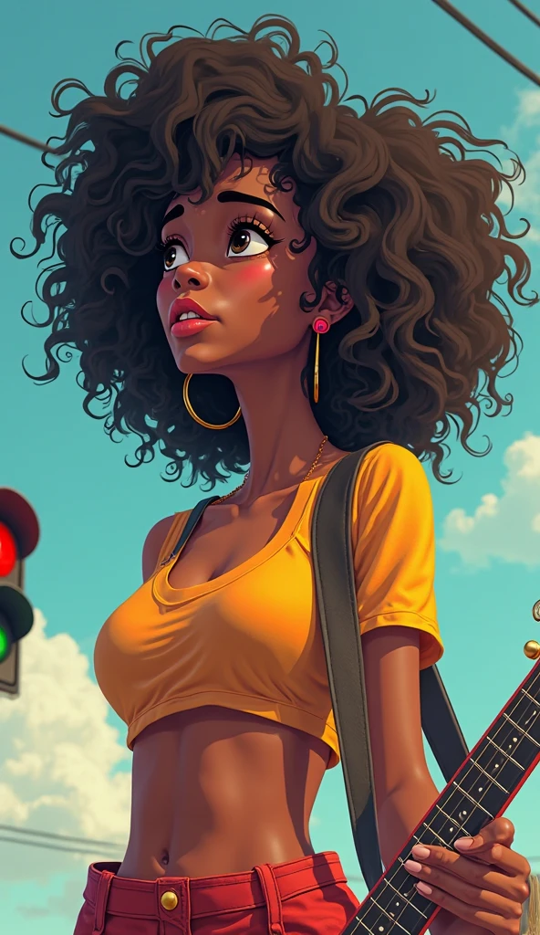 Nice Brazilian Girl, pretty, short curly hair, nice pose, perfect anatomy, wearing casual clothes, splash, street, high detail, high quality, details, beautiful, vibrante color