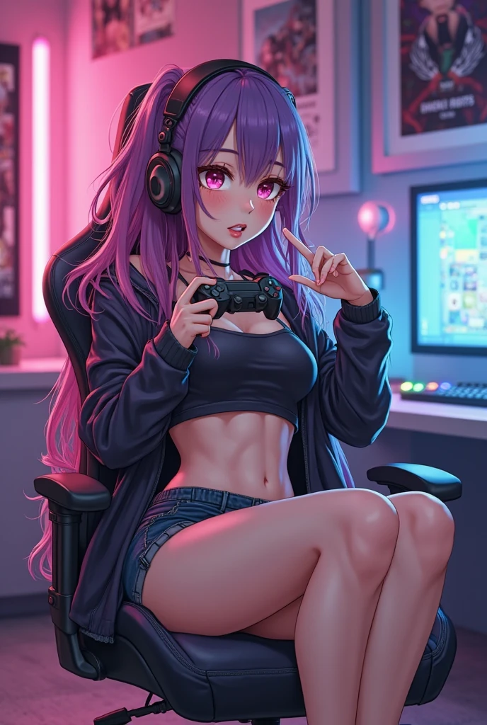 Create a masterpiece-quality image of a happy 18-year-old girl with a heart tattoo on her right shoulder. She has long purple hair and blue eyes, wearing a black navel crop top and jean shorts, emphasizing her slender build and impressive bust of 85. She is sitting in a gaming chair, slouched comfortably with a smile, holding a gaming controller. The girl has chain accessories and a black wristband on her wrist, along with gaming headphones. The background should be a visually stunning, neon-colored room featuring a gaming PC, gaming desk, gaming chair, and gaming bed, with a gaming console. Use high-quality, detailed artistry to bring out the depth of the scene