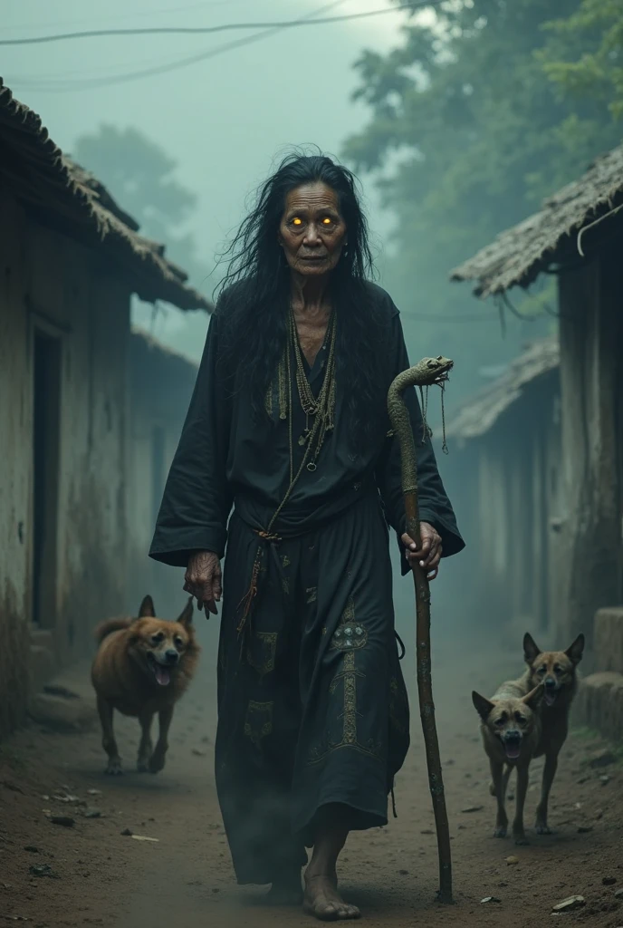 Tenaga Baaba is an old woman from Japanese folklore whose arms are longer than she is tall. Create a highly detailed and creepy image of Tenaga Baaba. Tenaga Baaba is depicted as a dramatic and unsettling figure that combines the features of an old, wrinkled woman with supernatural traits. Her abnormally long arms are longer than she is tall, her fingers are twisted, and her claws are sharp. Her tattered clothes and disheveled hair give her a menacing and intimidating appearance. Set your scene in a dark jungle or an old abandoned village to create a chilling atmosphere. Tenaga Baaba has an imposing presence and includes details like the texture of her skin, the malice in her eyes, and the dark energy she exudes. Include subtle elements like the rustling of leaves and the sound of an owl hooting in the distance to create an overall sense of fear and unease. The overall atmosphere is very creepy and mysterious, capturing the essence of Tenaga Baaba's terror.