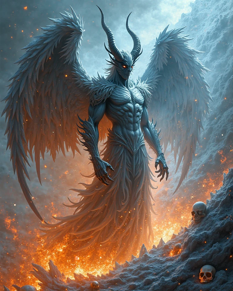 Lucifer Morningstar with open wings, DC Comics style, in a high-quality illustration with great detail and strong contrasts, in an imposing and powerful pose, highlighting his wings - the main features of this figure - with dramatic lighting and deep shadows. --auto --s2