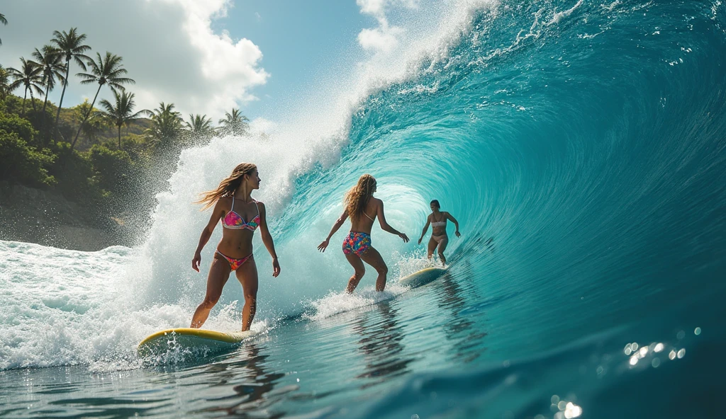 (RAW image quality:1.4), extreme sports photography, surfing, riding along huge Wave, Thrilling tension, selfie medium shot, Half body, young girl, Japanese, 15 years old, micro bikini, Oceanの背景, Wave, Ocean, shape, high texture, realistic effect