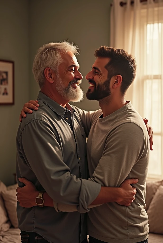Two men hugging each other, one smiles and one cries.