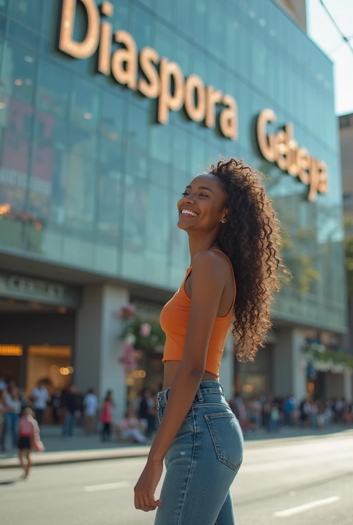 young woman, portrait headshot, smile, (wearing fashionable 1980s clothing), sfw, color photo, neon lights, backlit, standing inside a busy 80s shoppingmall, foreshortening, (curly hair, 1980s style), masterpiece