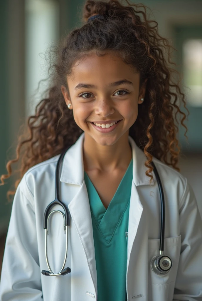 Front view image of a dark-skinned girl with brown eyes, straight dark brown hair in doctor uniform for resume.