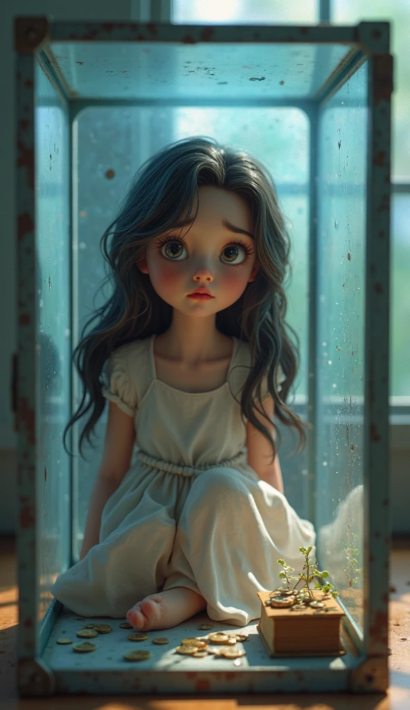 Vibrant, analog photo style, depths of field, (cute woman with big doll's eyes, messy grey hair, surrounded by a dark horrible antique setting), (don't be afraid of the night, be afraid of those you might meet at night), (her full body is a visual pleasure), extremely sexy, gloomy dark atmosphere, deep shadows with the some sun rays, a delicate balance between beauty and darkness, faded colours, great quality, Masterpiece, blurred gloomy background, naturally cinematic light, 16k quality, kodak porta 400, bokeh.