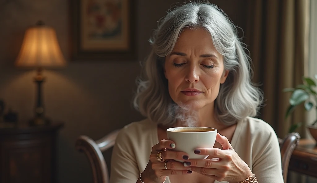 1 aged woman, 49 years old, (black and grey hair:1.3), shoulder-length hair, freckles, brown eyes, photo, (photorealism:1.4), realistic ???????, small ???????, very detailed ???????, pink panties, braless, white unbuttoned shirt, ????????, the woman sits a chair in the kitchen holding a coffee cup with a hand, the woman rests her elbows on a table, bust is visible, sad and worried face, ????.RAW photo, Highly detailed skin, exposed, Photography, Masterpiece, Best quality, Gorgeous, Ultra-detailed face, detailed bust, Detailed blue eyes, ((no close up)) , full body. ???? posing, ??????????, small ??????? squeezed together, arms under ???????,semi-darkness, wet, sweaty.
