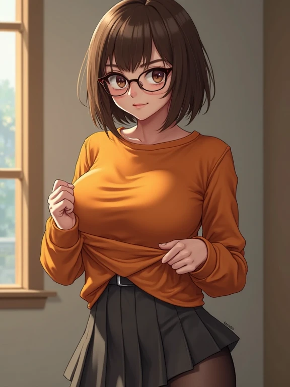 HD, 8k quality, masterpiece, Velma, dream girl huge tits, beautiful face, kissing lips, short bob hairstyle, long bangs, perfect makeup, realistic face, detailed eyes, green eyes, brunette hair, eyelashes, smile grin, bedroom, lying on bed, showing cameltoe, eyes at viewer, orange knitted turtleneck sweater, clear lens glasses, red school girl skirt, view from below,