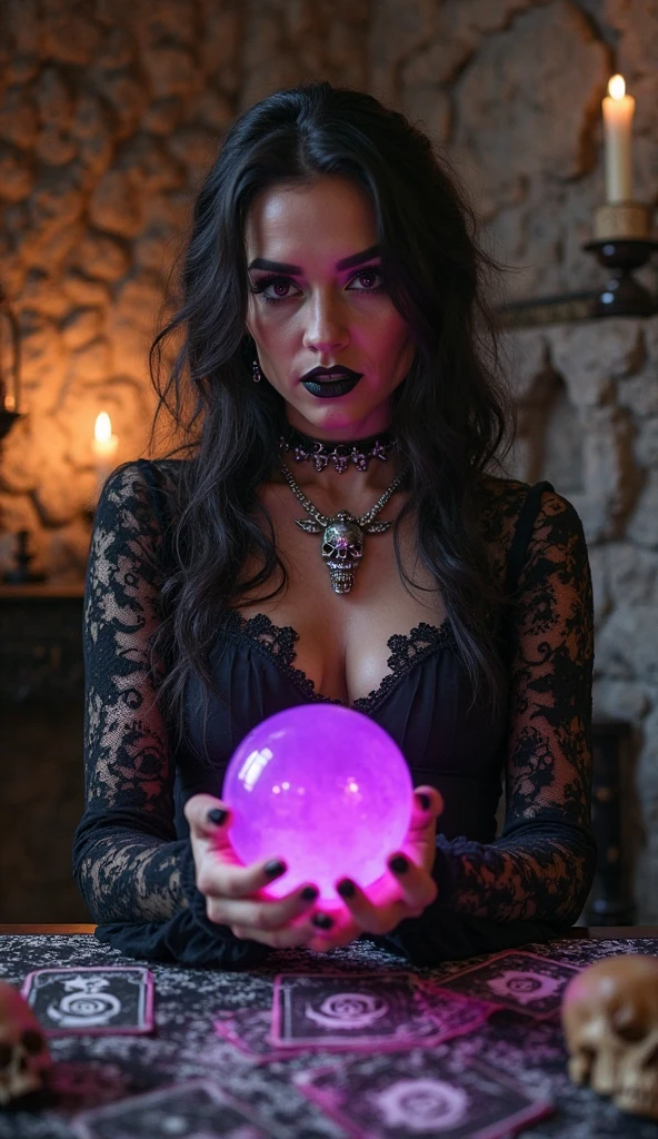 1 mature woman,,(Highest quality,Extremely detailed depiction,Incredibly absurd high resolution,Anatomically accurate depiction,Curvy Legs),(Glowing Skin,Shiny skin),(Glowing Skin,Shiny skin,Oilskin,Blue Skin:1.3),(Sexy fortune teller,Dark Elf:1.3),(A face veil that hides the mouth:1.5),(Luxurious accessories,Earrings,necklace,Bracelet,Long gloves,Sexy Costumes,See-through,black tights),eyelash,A little sweat,(Purple Eyes,Detailed pupil,Half-closed eyes:1.5,Crazy Eyes,There is cleavage in the chest,Wicked Smile,glossy purple lipstick),(Holding a mysteriously glowing crystal ball:1.3),background：Fortune Telling House,Mysterious atmosphere