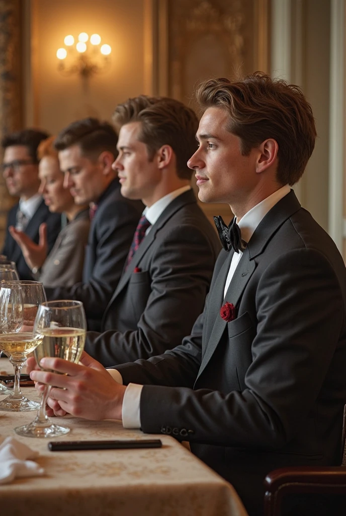 At the wedding ceremony, many men are sitting together nervously.