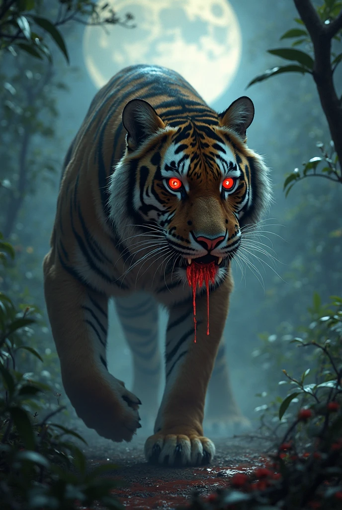 A painting of a humanoid tiger creature with a bloodied fangs, carnage, Sci - Horror Art of Fiction, Science fiction horror artwork, inspired by Aleksi Briclot, tiger, de carnage, Horror fantasy art, par Aleksi Briclot, Horror concept art, venin, Art fantastique et horreur, Detailed illustration of 4K horror, beast creature, Dark Horror Art