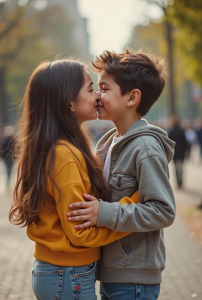 Two teenagers of 15 and 16 years old, found in his high school classroom, se sientan juntos y se toman la mano en secreto. They both look up with an expression full of passion and kiss silently.. The realistic setting shows us the two well-defined teenagers, with the high school cast in the background in medium volumetry. Natural lighting enters through the window and leaves a soft and delicate atmosphere. La imag