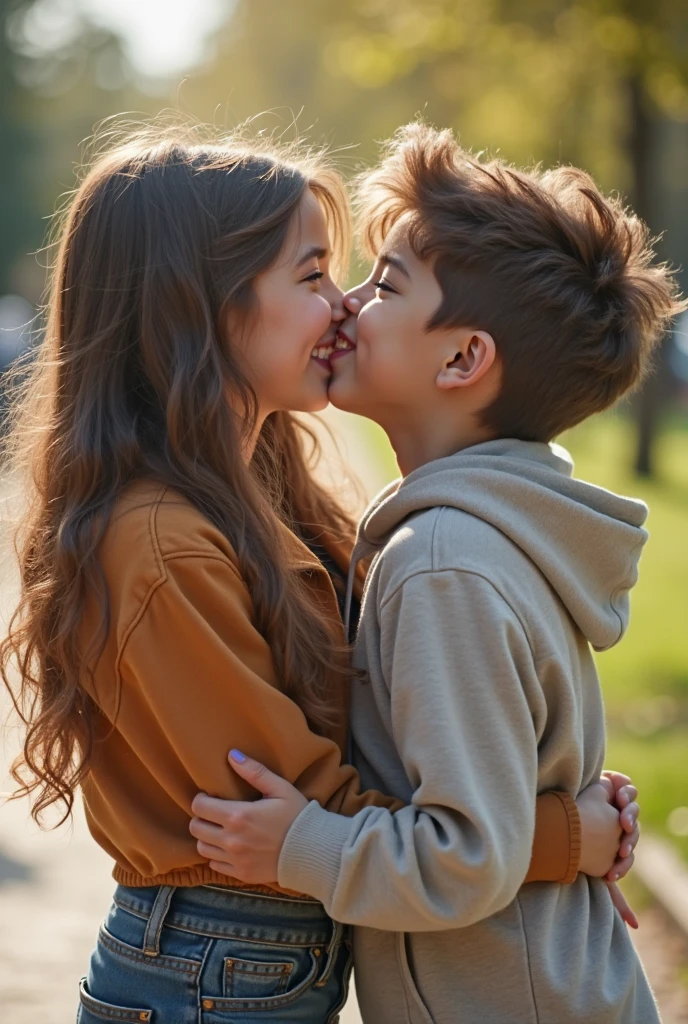 I want two boys sitting in the sunset kissing, I want them to be two characters, Jesse usually wears a black shirt with green suspenders tied to brown pants and brown boots The style is casual and practical, suitable for adventure. and has brown hair and green and brown eyes
Lukas wears a black jacket with details on the shoulders and the lower part of the sleeves. Under the leather jacket, He wears a white shirt with fuchsia stripes, simple but well cared for. His outfit is completed with jeans and black boots. His style is slightly more refined compared to Jesse, reflecting his calmer and more organized character. He is blonde and aquamarine-eyed, slightly taller than Jesse, And I want them to kiss