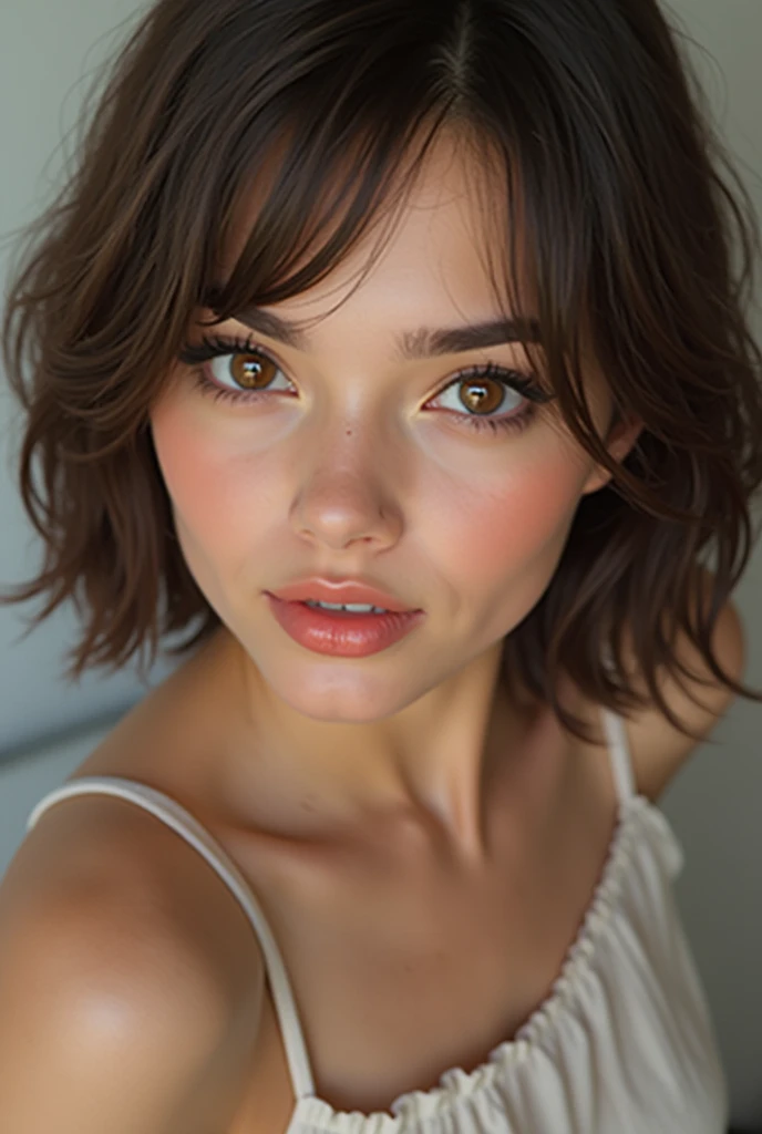  girl, Italian, brunette and slim , small breasts, the smallest round buttocks. curly hair, short bangs