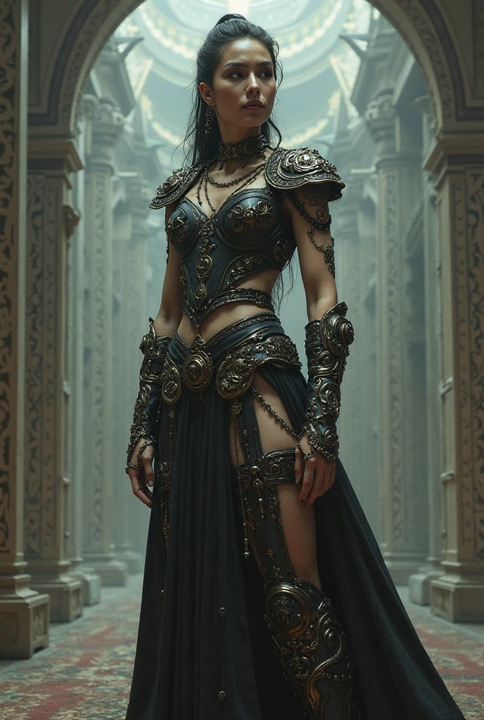 ((masterpiece)、(top-quality)、(reallistic))、beautiful queen、Bondage style、latex shiny、By Luis Royo:1.4、1girl in、Sexy Daughter、Small fashionable tattoos、Attractive earrings with impressive beauty、a choker、a necklace、piercings、Super beauty、Super Ultra Ultra Bikini、standingn、fullllbody、Beauty in return、Fantastic mythological landscape