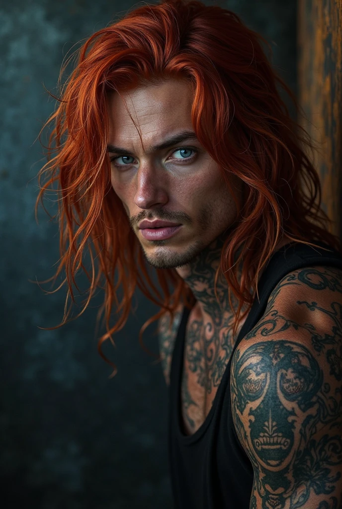 Handsome man, red hair, green eyes, strong, tattooed arms, neck tattoos, 18 years old, long hair, flowers tattoo, lion tattoo on shoulder, full body